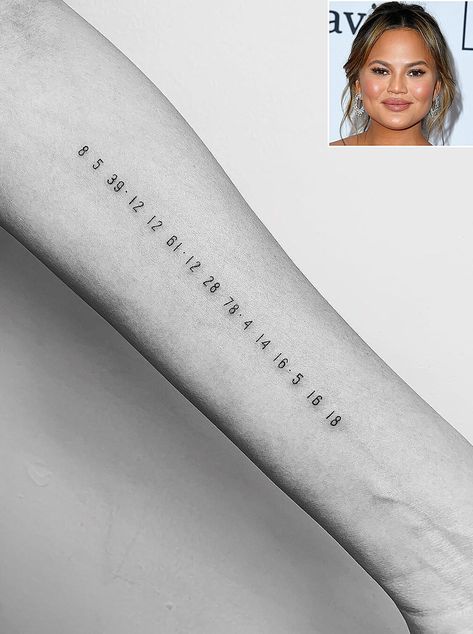 chrissy-teigen Chrissy Teigen Tattoo, Wife Tattoo For Husband, Chrissy Teagan, Christy Teigen, Small Name Tattoo, Birthdate Tattoo, Husband Tattoo, Coordinates Tattoo, Kid Name Tattoo