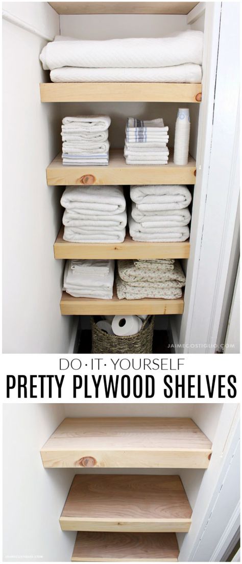 A DIY tutorial for making easy and pretty plywood shelves for your linen closet. Make your closet organized, functional and user friendly with shelves. #storage #closetorganization #diyshelves Diy Shelves Easy, Linen Closet Shelves, Diy Closet Shelves, Crafting Decor, Closet Organized, Ikea Interior, Hallway Closet, Plywood Shelves, Shelving Ideas