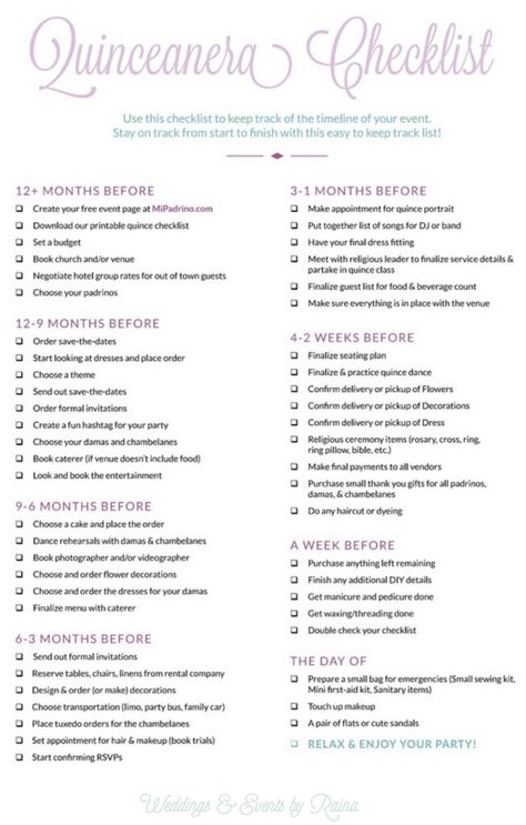 Complete Quinceanera Checklist & Timeline - eventsbyraina.com Planning Quinceanera Checklist, Quincenera Timeline, Quince Must Haves List, Quinceanera List Of Things Needed, Quince Preparation List, Quinceanera Checklist Party Planning, Quince Planning Checklist, Quinceanera Itinerary, Quince Song List