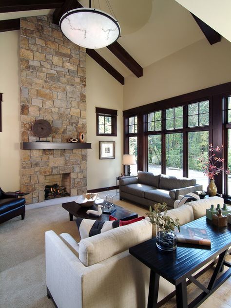 Traditional Family Room Design, Stained Wood Trim, Dark Wood Trim, Traditional Family Room, Dark Trim, Family Room Furniture, Fire Places, Ceiling Ideas, Dream Kitchens