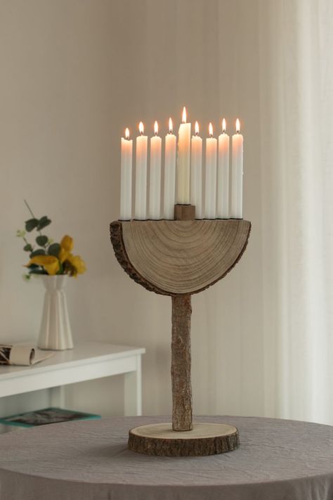 This unique menorah is composed out of paulownia wood material 😎 Living Room And Playroom, Hanukkah Candle Holder, Hanukkah Crafts, Chanukah Decor, How To Celebrate Hanukkah, Hanukkah Candles, Hanukkah Decorations, Rustic Candle Holders, Hanukkah Menorah