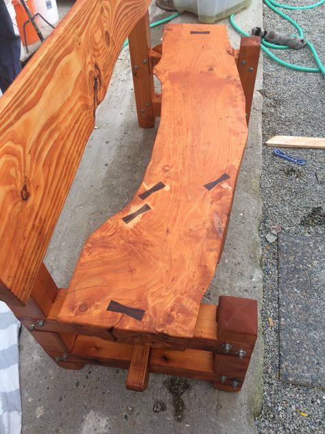 Live edge wood bench Wood Bench Diy, Live Edge Wood Bench, Diy Wood Bench, Live Edge Bench, Bench With Back, Garden Seat, Outdoor Benches, Bench Diy, River Lodge