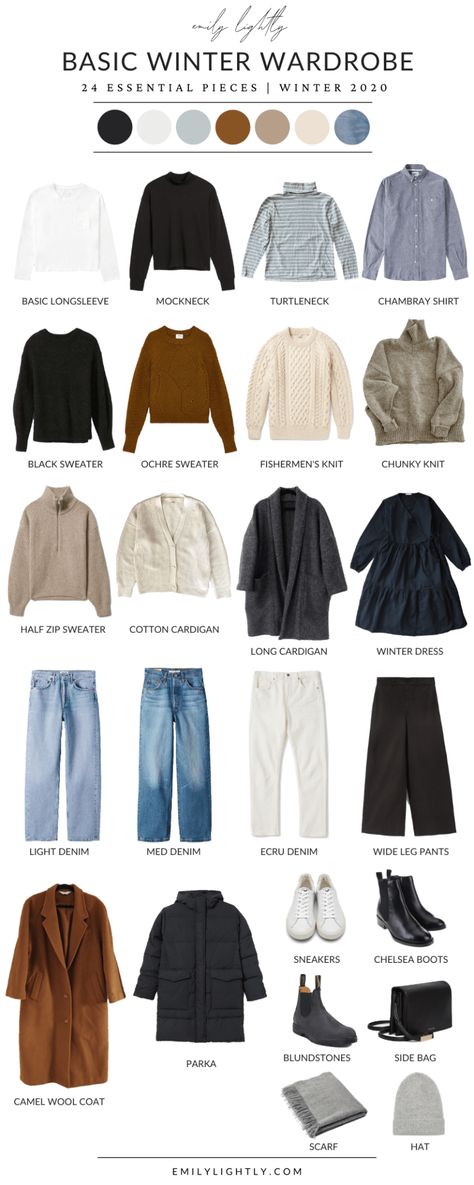 A Basic Winter Capsule Wardrobe - 24 Essential Pieces - Emily Lightly Fall Winter Basics, Womens Wardrobe Basics, Essential Fall Wardrobe Pieces, Essential Clothing Pieces Woman, Basic Pieces For Wardrobe, Basic Winter Wardrobe, Basic Fall Outfits, Clothing Basics, Minimalist Moda