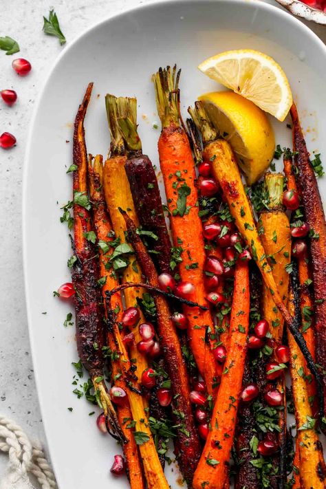 Winter Carrot Recipes, Harissa Roasted Carrots, Thanksgiving Roasted Carrots, Carrot Roasted, Harissa Carrots, Hosting Recipes, Balsamic Carrots Roasted, Roast Carrots, Paris Dinner