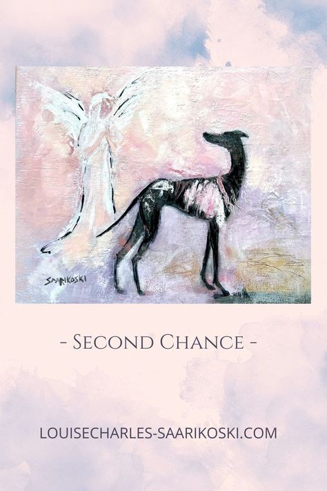 A black galgo Espanol or Spanish greyhound looks back over its shoulder at an angel who has hands together in prayer. Angel Oil Painting, Black Greyhound, Dog Birthday Presents, Greyhound Rescue, Angel Theme, Greyhound Art, Dog Christmas Gifts, Rescue Dog, Italian Greyhound