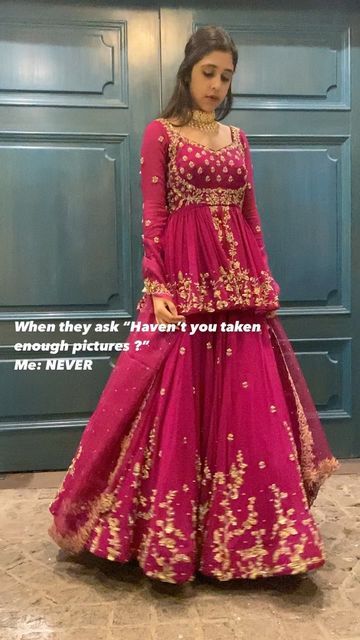 Isa by Dolly Wahal on Instagram: "Do you REALLY ever have enough pictures at a wedding ? 😂 GUILTY as charged . #isabydollywahal #weddingreels #trendingreels #trendingreelsvideo #sangeetdance #bridalreels #candid #reelsinstagram #bridetobe #weddingphotography" Dress For Haldi Function For Bridesmaid, Latest Anarkali Designs Party Wear Dresses, Lehanga Designs Latest For Wedding, Sharara Heavy, Lehenga Heavy, Beautiful Lehenga, Long Blouse Designs, Function Dresses, Shadi Dresses