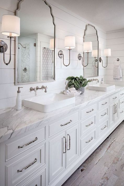 Bathroom With Mirror Lights, Vanity Next To Tub, Costal Farmhouse Bathrooms, Coastal Powder Bathroom, Shiplap Bathroom Wall, Makeover Kamar Mandi, Bathroom Vanity Remodel, Shiplap Bathroom, Farmhouse Bathroom Vanity