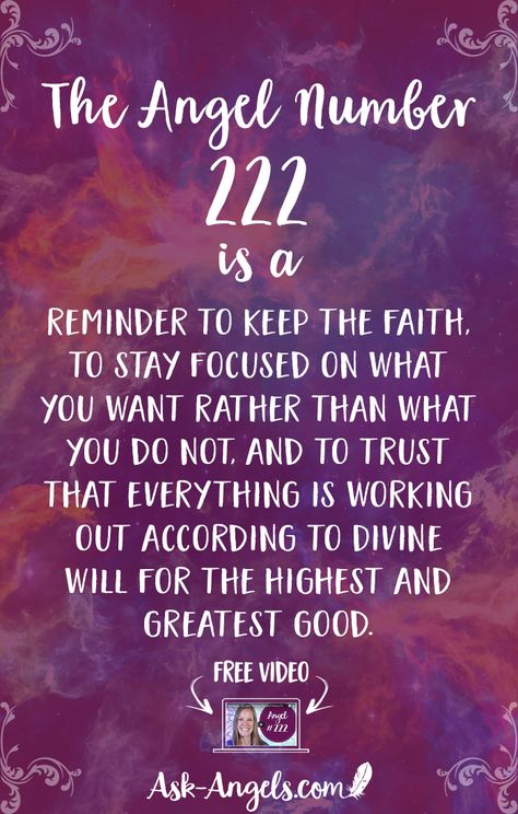 The Angel Number 222 is a reminder to keep the faith, to stay focused on what you want rather than what you do not, and to trust that everything is working out according to Divine will for the highest and greatest good. 222 Meaning, 222 Angel Number, Repeating Numbers, Angel Number 222, Numerology Life Path, Numerology Numbers, Numerology Chart, Angel Number Meanings, Number Meanings