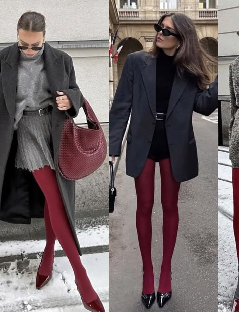 Burgundy Stockings Outfits, Tights Winter Outfit, Burgundy Tights Outfit, Burgundy Tights, Colored Tights Outfit, Holiday Capsule Wardrobe, Outfit Botas, Burgundy Outfit, Red Tights