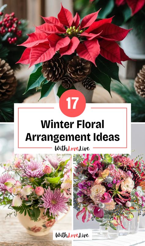 🌸💐 Brighten up chilly days with our winter floral arrangement ideas! Discover how to blend seasonal blooms and greenery for stunning decor. ❄️✨ Dive into our tips and tricks, and don't forget to save this pin for your next flower project! Winter Fake Flower Arrangements, Winter Floral Arrangements Home, January Flowers, Floral Arrangement Ideas, Eucalyptus Arrangement, January Flower, Holiday Flower Arrangements, Flower Arranging Class, Winter Flower Arrangements