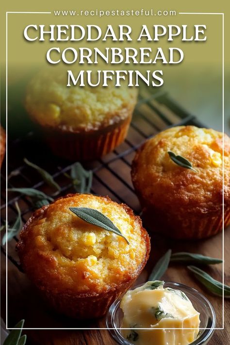 Deliciously moist and savory-sweet, these cornbread muffins are made with sharp cheddar cheese and diced apples, then served with a luscious maple sage butter that enhances their rich flavors. Sage Cornbread, Apple Cornbread, Cornbread Muffin, Cheddar Muffins, Caramelised Apples, Sage Butter, Cornbread Muffins, Diced Apples, Recipe Boards