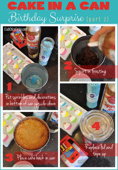 Make a cool DIY cake in a can for someone special’s birthday party - the perfect, fun surprise for kids. :) Birthday Cake Tutorial, Primary Activity, Cake In A Can, Chocolate Icing, Care Packages, Cake Frosting, Diy Cake, Cake Tutorial, Birthday Surprise