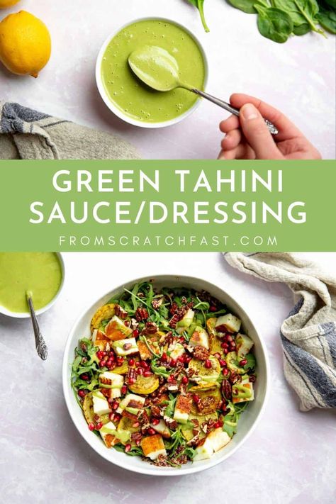 This creamy green tahini sauce is made with fresh herbs and spinach, with a nutty-sweet flavor that will instantly elevate nearly any meal, from grilled or roasted meats and vegetables, to grain bowls, salads and more! It's easy to make and vegan! Green Tahini Sauce, Green Tahini, Take A Meal, Halloumi Salad, Grain Bowls, Gluten Free Vegan Recipes, Veggie Dip, Tahini Dressing, Tahini Sauce