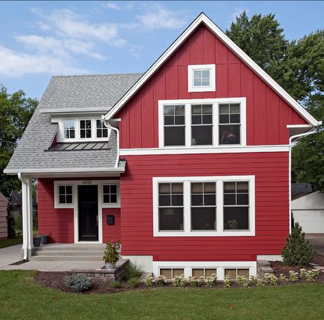 If you're looking for dark house colors, consider this red beauty! Love the board and batten on top with the white trim and gray roof! #darkexterior #darkhouse #redhouseideas #exteriorpaintedhouse #farmhouse #redfarmhouse House With White Trim, Red House Exterior, Home Paint Color, Red Houses, Farmhouse Exterior Design, Craftsman Exterior, Exterior Paint Color, Urban Farmhouse, Exterior Color Schemes