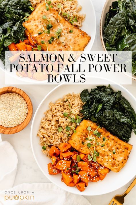 Salmon Kale Sweet Potato, Salmon Sweet Potato Bowl, Fall Salmon, Salmon Sweet Potato, Salmon And Sweet Potatoes, Sweet Potato Rice, Salmon And Sweet Potato, Sweet Potato Recipes Roasted, Sweet Potato Bowls