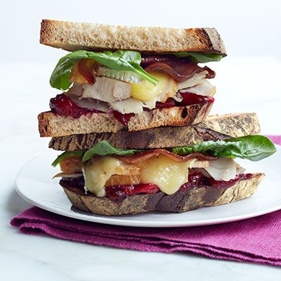 Turkey, Brie, Bacon, and Cranberry Sandwich Recipe - Delish.com Cranberry Sandwich, Grilled Sandwich Recipe, Turkey Sandwiches Recipes, Rhubarb Desserts, Relish Recipes, Leftover Turkey Recipes, Grilled Sandwich, Rhubarb Recipes, Turkey Sandwiches