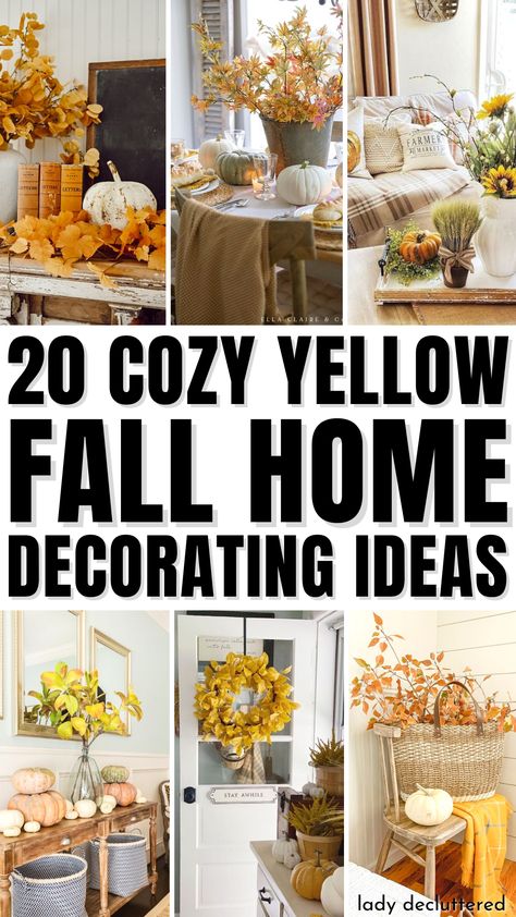 20 Cozy Yellow Fall Home Decorating Ideas Living In Yellow 2023, Cozy Yellow Aesthetic, Yellow Fall Decor, Blue And Yellow Fall Decor, Yellow Fall Aesthetic, Doorstep Decor, Country Fall Decor, Fall Entryway Decor, Natural Fall Decor