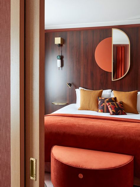 We’re So Ready to Escape to This New Hotel in Paris | Architectural Digest Masculine Bedroom Decor, Modern Hotel Lobby, Curved Furniture, Bold Decor, Hotel Room Design, Interior Minimalista, Memphis Design, Sideboard Designs, Yellow Walls