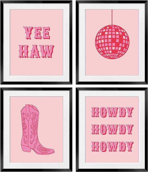 Disco Ball Cowgirl, Pink Cowgirl Aesthetic, Cowgirl Decorations, Cowgirl Room, Cowgirl Poster, Pink Bedroom For Girls, Ball Aesthetic, Pink Wall Decor, Trendy Wall Decor