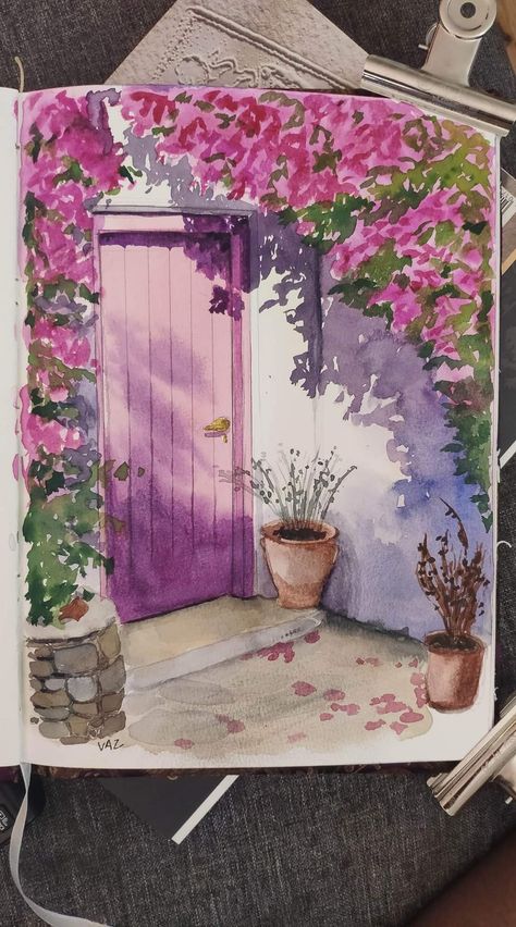 Drawing Ideas Creative Watercolour, Spring Art Journal Ideas, Small Watercolor Paintings Aesthetic, Watercolour Drawing For Beginners, Watercolour Aesthetic Art, Things To Draw With Acrylic Markers, Watercolor Book Painting, Postal Painting, Aesthetic Watercolour Painting Ideas