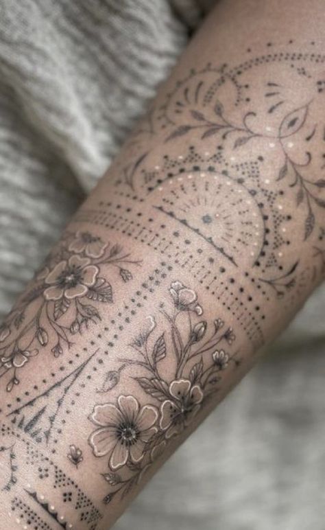 Creative Half Sleeve Tattoos For Women, 3 33 Tattoo, Ornamental Botanical Tattoo, Ornamental Sleeve Tattoos For Women, Holistic Tattoo Ideas, Meta Tattoos, Boho Arm Tattoo, Feather Tattoo Sleeve, Tattoo Thigh Sleeve