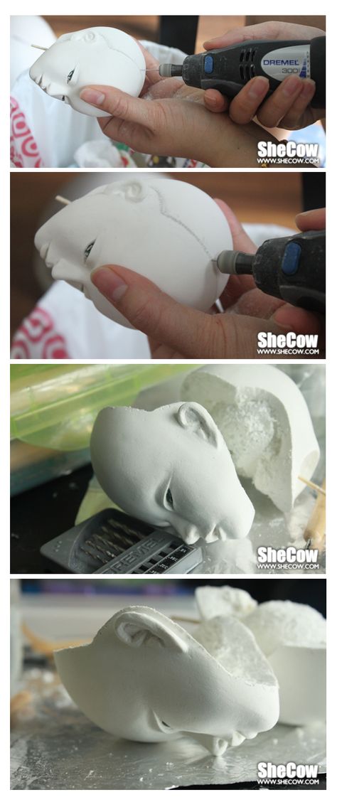 WIP Head #3 - Drilling by SheCow.deviantart.com Sculpting Tutorials, Doll Making Tutorials, Face Plate, Polymer Clay Dolls, Sculpting Clay, Doll Tutorial, Doll Repaint, Clay Dolls, Doll Maker