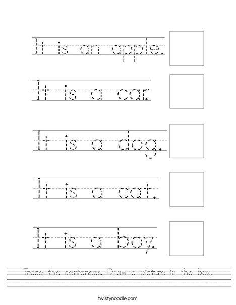 Trace the sentences Draw a picture in the box Worksheet - Twisty Noodle Trace And Write Sentences, Tracing Sentences Worksheets, Writing Center Kindergarten, Teaching Vowels, Handwriting Worksheets For Kids, Kindergarten Writing Prompts, Sequencing Worksheets, Twisty Noodle, Writing Practice Worksheets