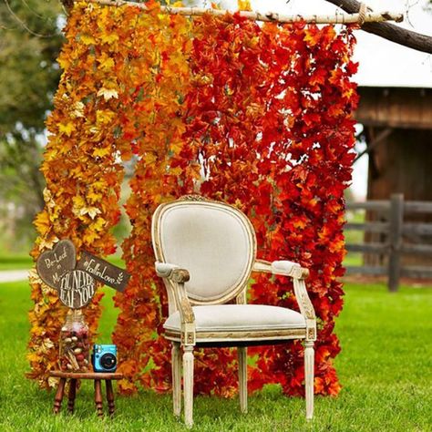 12 ways to add fall leaves to your party decor | A Joyful Riot Fall Photo Background, Photo Background Ideas, Fall Photo Booth, Fall Festival Party, Fall Backdrops, Fall Harvest Party, Fall Carnival, Fall Ball, Fall Mini Sessions