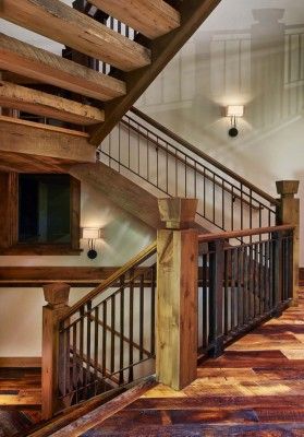 Rustic ranch house in Colorado opens to the mountains Cabin Railing, Cabin Stairs, Stair Rails, Rustic Stairs, Open Stairs, Rustic Homes, Barn Siding, Farmhouse Entryway, Open Staircase