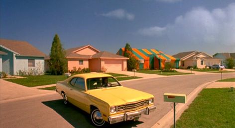 edwards scissorhands neighborhood - Google Search Edward Scissorhands Stills, Edward Scissorhands Neighborhood, 1950s Neighborhood, 1950s Suburbia Aesthetic, Edwards Scissorhands, 1950s Suburbia, Colorful Neighborhood, Neighborhood Street, Edward Scissor