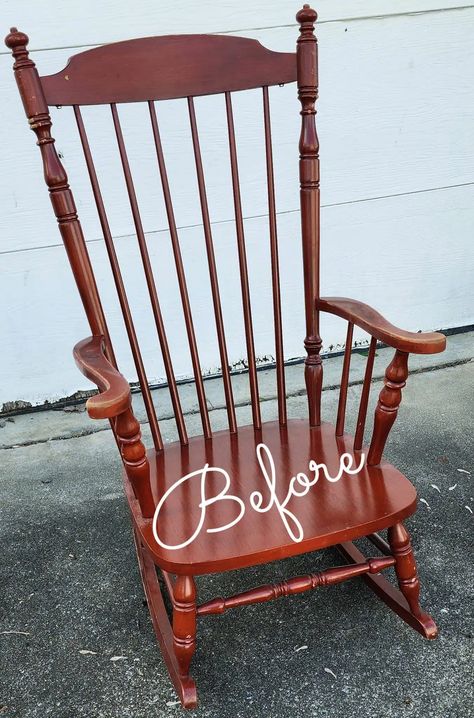 An outdated wooden rocking chair gets a fresh new look with white paint. Bonus projects from the Furniture Fixer Upper Team. Glider Rocker Makeover Diy, Wooden Rocking Chair Makeover, Rocking Chair Makeover, Painted Rocking Chairs, Old Rocking Chairs, Antique Rocking Chairs, Wooden Rocking Chair, Wooden Rocker, Vintage Rocking Chair