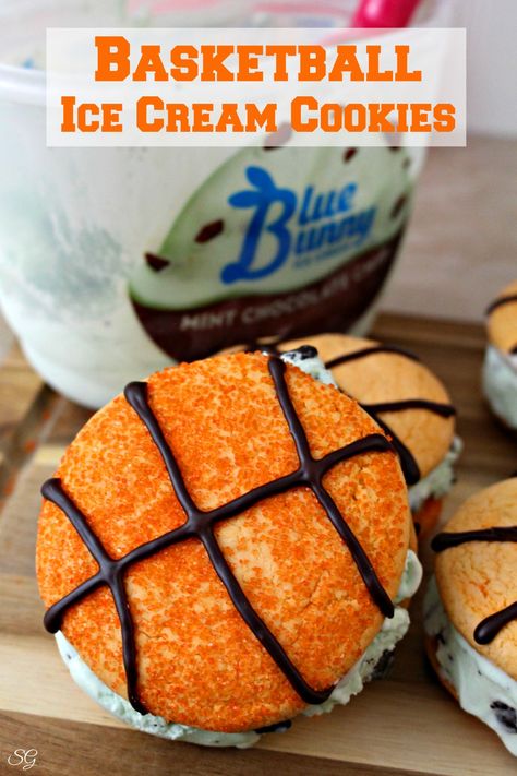 Basketball Ice Cream Cookies Dessert Recipe Blue Bunny Ice Cream, Basketball Cookies, Sandwich Shapes, Boxed Cake Mixes Recipes, Orange Food Coloring, Cookie Sandwiches, Mint Chocolate Chip Ice Cream, Ice Cream Cookie Sandwich, Basketball Party