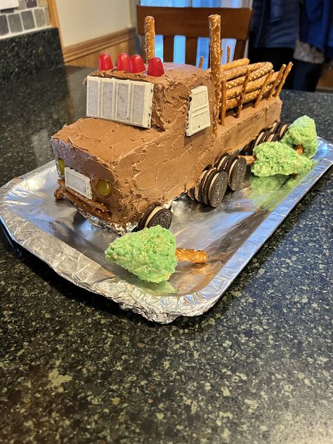 Birthday cake for my Grandson's log truck themed birthday party! Child Birthday Cake, Truck Themed Birthday Party, Truck Birthday Cake, Log Truck, Truck Birthday Cakes, Truck Cakes, Log Cake, Themed Birthday Party, Big Rig