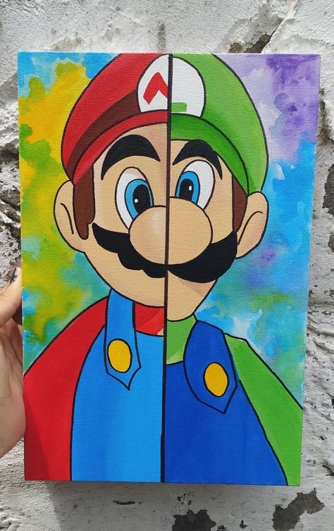 Mario Art Drawing, Canvas Painting Ideas Cartoon, Mario Canvas Painting, Painting Ideas On Canvas Disney, Beautiful Bun Hairstyles, Mario Painting, Cartoon Canvas Art, Cartoon Canvas Painting, Disney Canvas Paintings