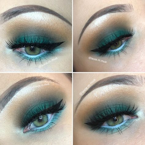 Teal eyeshadow look using the Morphe x Jaclyn Hill palettes. Eyebrows : ABH Dipbrow in dark brown Hipdot Cenote Eyeshadow Looks, Dark Teal Makeup Look, Dark Teal Eyeshadow Looks, Dark Teal Makeup, Teal Eyeshadow Looks, Teal Eye Makeup, Jaclyn Hill Makeup, Turquoise Eyeshadow, Teal Eyeshadow