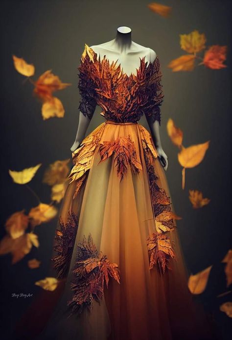 Fall Gowns, Dryad Costume, Fall Leaves Dress, Fashion Show Themes, Autumn Dresses, Fall Floral Dress, Fashion Illustrations Techniques, Goddess Costume, Theme Dress