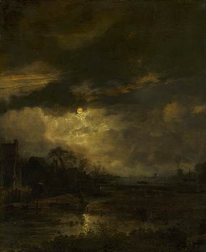 Aert van der Neer, Landscape at Sunset, c. 1645 - 1650 17th Century Paintings, Moody Painting, Moonlight Painting, Moody Art, Classic Artwork, Arte Obscura, Old Paintings, Ethereal Art, Classical Art