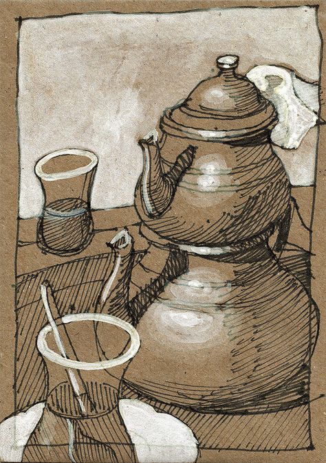 Tea Drawing, White Gouache, Turkish Tea, Tea For Two, Sales Image, Arabic Art, Tea Garden, Turkish Coffee, Fountain Pen Ink