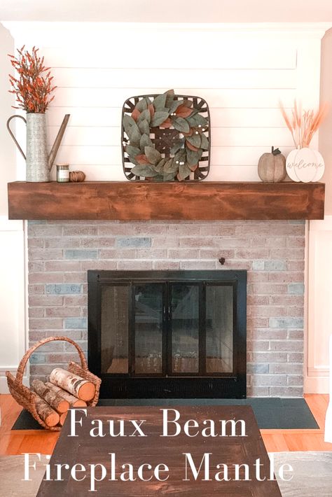 Super easy fireplace mantle update that adds a major wow factor with a farmhouse vibe!  Check out how to build your own faux beam fireplace mantle. Rough Sawn Fireplace Mantle, How To Remove A Fireplace Mantle, Add A Mantle To Fireplace, Add Mantle To Brick Fireplace, Stained Fireplace Mantle, Simple Wood Mantle, Cheap Mantle Ideas, How To Build A Mantle Diy, Replace Fireplace Mantle