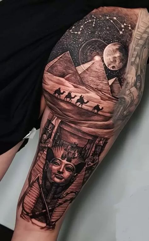 Pyramid Tattoos, King Tut Tattoo, Egypt Tattoo Design, Egyptian Tattoos, Egyptian Eye Tattoos, Pyramid Tattoo, Africa Tattoos, Egyptian Tattoo Sleeve, African Tattoo