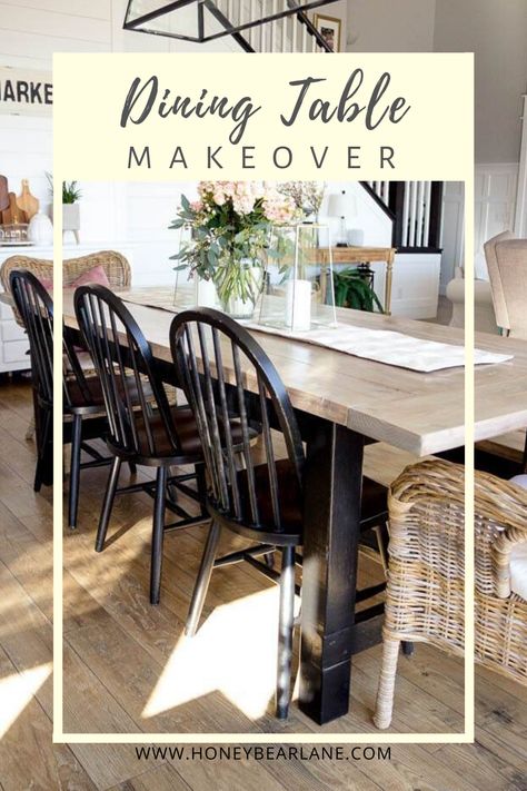 I'm loving black right now so I chose a black and wood dining table for my makeover. I love how it complements the other accents in my home. #paintcolor #farmhousetable #springdecor Wood Table With Black Legs Dining Rooms, Black Chairs Wood Table Dining Rooms, Natural Table With Black Chairs, Wood And Black Dining Table, Black And Wood Dining Table, Black And Wood Table, Diy Farmhouse Kitchen Decor, Moving Into A New House, Dining Table Makeover