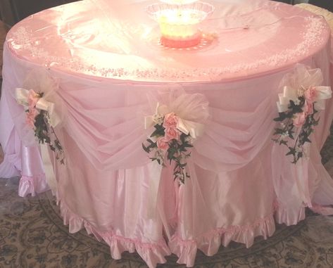 "This listing is hand-made pink tablecloth with ruffles on the bottom. This original design from our company gives a romantic touch on the simple, elegant pink tablecloth. Perfect for the sweetheart table, guest table, or any wedding decorative tables like a picture shown. Size: about 132\" the total length. However, you can adjust it for any size of the tables by simply pinning the edge. The item only includes the tablecloth, not pew bows or drapes. If you are interested in drapes or pew bows l Rose Gold Sequin Tablecloth, Ruffle Tablecloth, Wedding Gown Ideas, Gold Sequin Tablecloth, Ruffled Tablecloth, Sweet 15 Party Ideas Quinceanera, Sweet 15 Party Ideas, Baby Pink Satin, Quince Themes