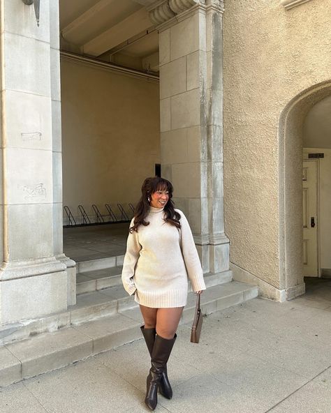 Sweater weather 🧸🍂🤎 @justfabonline #justfabpartner #sweaterdress #sweaterdresses #longboots #thighhigh #fallootd #falloutfitinspo #autumnmoments #autumnmood Sweater Dress With Boots Outfit, Oversized Sweater Dress Outfit, Dress And Sweater Outfit, Long Dress With Boots, Sweater Dress With Boots, Beige Boots Outfit, Thigh Boots Outfit, Beige Boots, Midsize Outfits