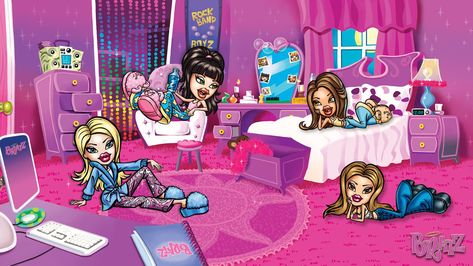 official art of the bratz having a slumber party in a brightly colored room Juicy Couture Laptop Wallpaper, Early 2000s Aesthetic Wallpaper Laptop, Kawaii Desktop Wallpaper Hd 1080p, Mcbling Laptop Wallpaper, Bratz Bathroom, Bratz Apartment, Hd Macbook Wallpaper Aesthetic, 2000s Aesthetic Wallpaper, 2000s Wallpaper