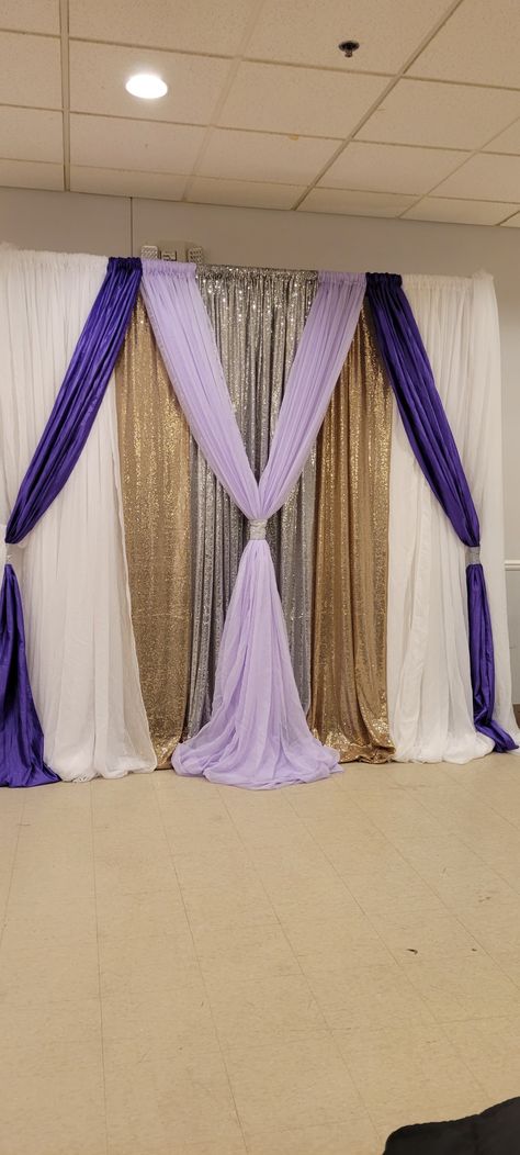 Purple Gold And White Wedding, Purple And Gold Backdrop, Gold And White Backdrop, Gold And White Wedding, Pastor Anniversary, Backdrop Decor, Gold Backdrop, Gold And Purple, White Backdrop