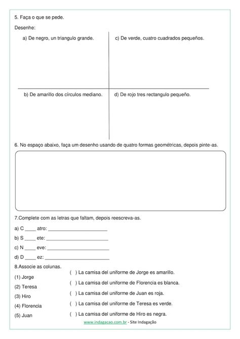 Atividade de Espanhol sobre Cores, Formas Geométricas e Números em Espanhol (2º ano) - INDAGAÇÃO