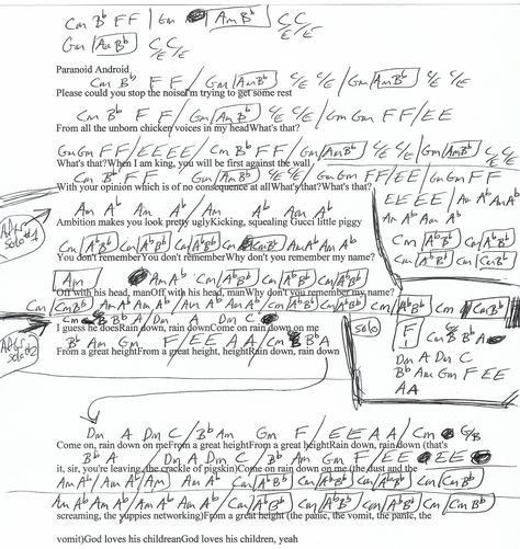 Paranoid Android (Radiohead) Guitar Chord Sloppy Chart Radiohead Guitar, Jigsaw Falling Into Place, Falling Into Place, Paranoid Android, Lead Sheet, Guitar Music, Radiohead, Guitar Chords, Guitar Lessons