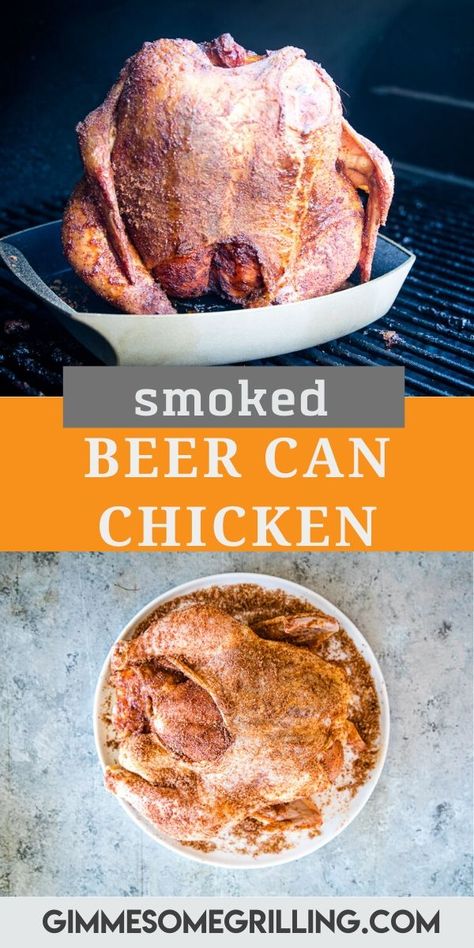 Tender, juicy, whole chicken on your smoker that's perfectly seasoned! This easy Smoked Beer Can Chicken is so flavorful from a homemade rub. The light steam from the beer marinates and makes the whole chicken so juicy. Pair that with the smokey flavor and it's the perfect dinner recipe. #beercan #chicken via @gimmesomegrilling Juicy Whole Chicken, Smoked Beer Can Chicken, Smoked Chicken Recipes, Smoked Vegetables, Can Chicken Recipes, Beer Chicken, Bbq Dishes, Can Chicken, Beer Can Chicken