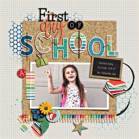 First Day Of Kindergarten Scrapbook Layouts, 1st Day Of School Scrapbook Layout, First Day Of School Scrapbook Ideas, Last Day Of School Scrapbook Layout, Back To School Scrapbook Pages, First Day Of School Scrapbook Pages, Scrapbook School Years, Scrapbook School Pictures, Scrapbook School Ideas