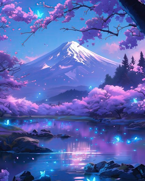 Embracing the tranquil beauty of Mount Fuji surrounded by blooming cherry blossoms and ethereal butterflies 🌸🦋🏔️ #AnimeArt #MountFuji #CherryBlossoms #DigitalArt #Fantasy #Landscape #Japan Landscape Japan, Night Vibes, Mount Fuji, Bullet Journal Ideas Pages, Fantasy Landscape, Cherry Blossoms, Journal Ideas, Beautiful Pictures, Cherry Blossom